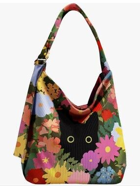 Floral Print Shoulder Hobo Bag with Cat Motif - Multi